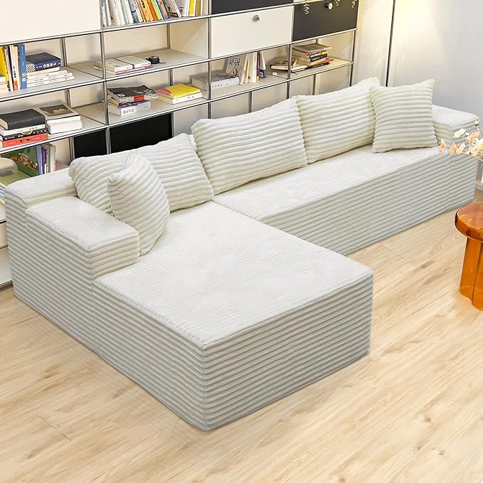 White sectional couches for Living Room Corduroy Couch104 Cloud Sectional Couch with L-Shape Chaise Modern Modular Sofa Deep Seat Comfort No Assembly Required(Plush Corduroy Fabric)
