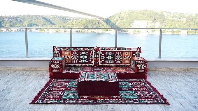 arabicsofa Maroon Arabic Majlis Sofa with Cushions – Modular Loveseat Floor Sofa for Living Room