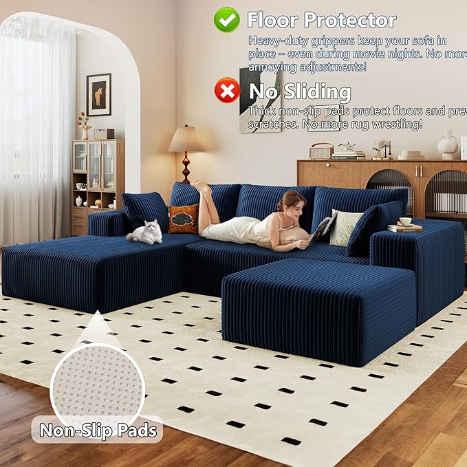96 Modular Sectional Sofa with Ottoman Modern Corduroy Cloud Couch with Deep Seat Boneless Couch Upholstered 3-Seater U-Shaped Sofa for Living Room No Assembly (Blue Left-Facing Chaise)