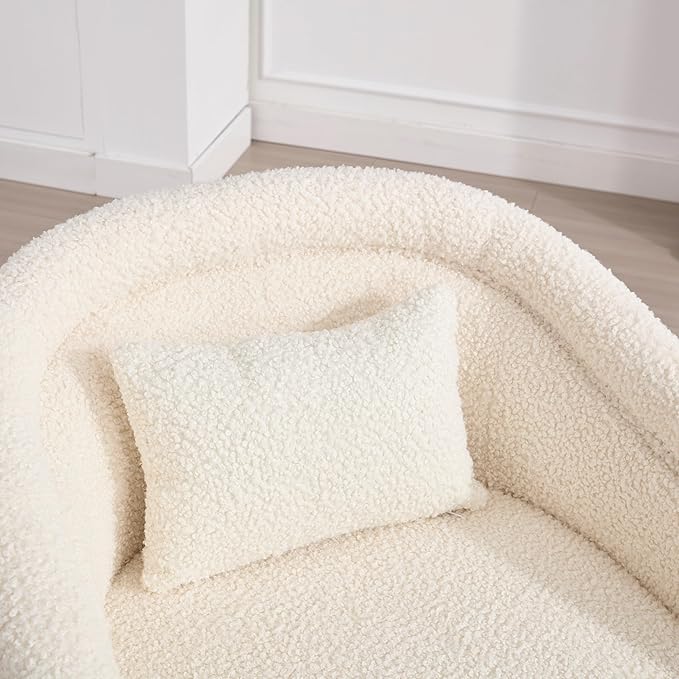 KEIKI 360° Swivel Accent Barrel Chair Soft Teddy Upholstered Single Sofa Comfortable Foam Cushion Sturdy Wooden Frame Stylish for Living Room Bedroom Office – White
