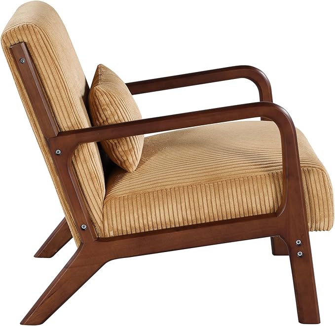 Wooden Accent Arm Chair Mid Century Armchair Comfy Modern Corduroy Accent Chair Boho Arm Chair with Pillow for Bedroom Lounge Living Room (Yellow)