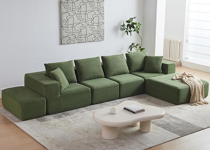 152'' Modular Sectional Sofa Oversized Corduroy Cloud Couch 6 Deep Seat Memory Foam Couch Green Sofa with 6 Pillows Boneless Couches for Living Room Office No Assembly Required