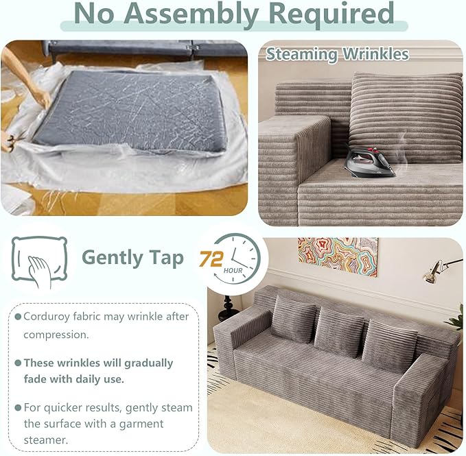 71Cloud Loveseat SofaBoneless Deep Seat 2-Seater with 3 Pillows&ampSide PocketNo Assembly Foam Floor CouchPlush Corduroy FabricModern Living Room Sofa for Small Space Apartment(Flat HandrailCam