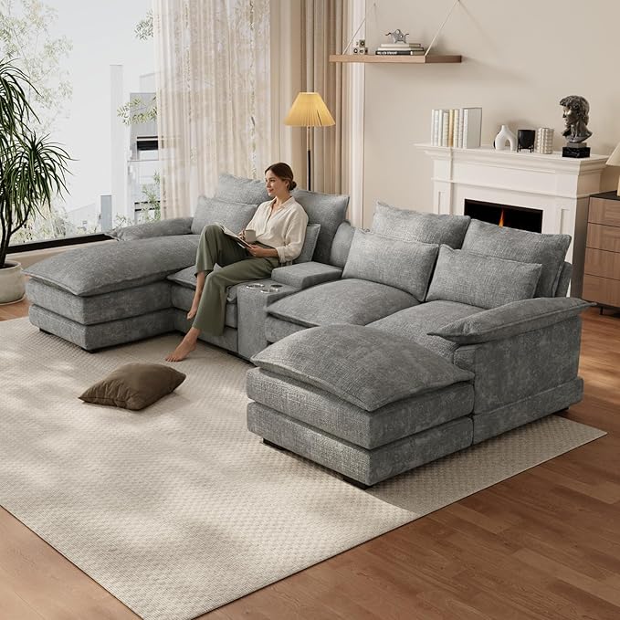 OUYESSIR 135 U Shaped Sectional Cloud CouchGrey Sectional Couches for Living RoomComfy Fluffy Chenille Oversized Cloud CouchModular Sectional Sofa with Central Console &amp Double Chaise Lounge
