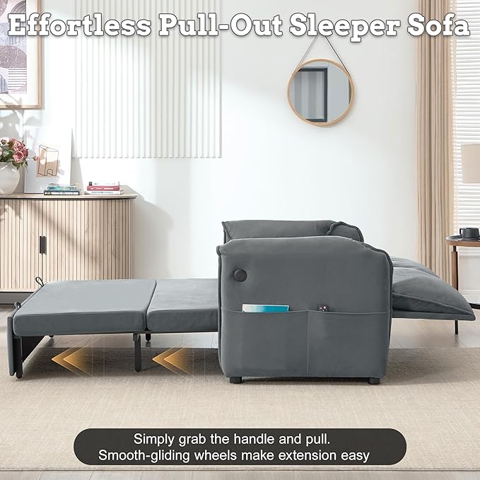63 Velvet Pull Out Sofa Bed 3-in-1 Convertible Futon Loveseat Queen Sleeper Sofa Couch Bed with Adjustable Backrest USB Ports &amp Side Pockets Modern Sofas for Living Room Apartment Light Grey