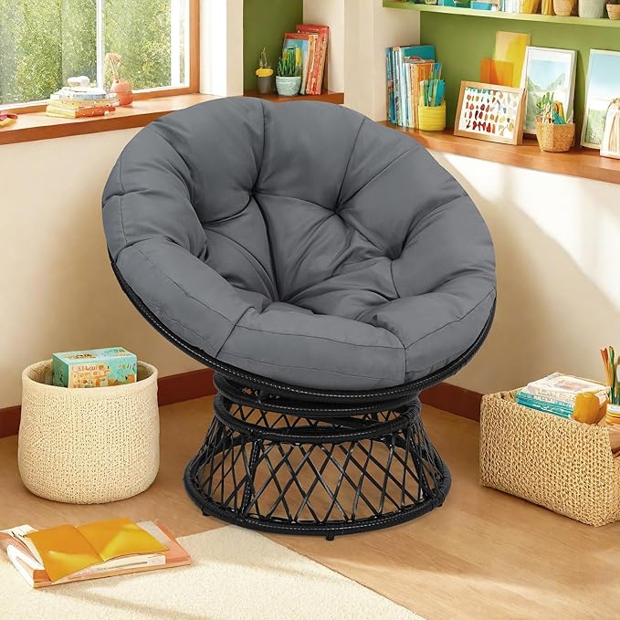 40 Ergonomic Wicker Papasan Chair 360° Swivel Indoor Outdoor Rattan Chair with Soft Thick Cushion Ideal for Living Room Bedroom Reading Room Black Frame with Dark Grey Cushion