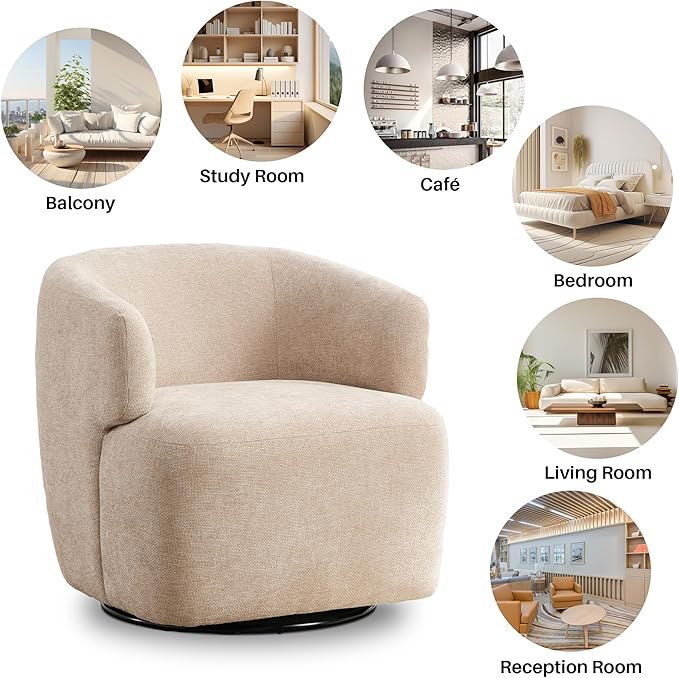 Swivel Accent Chair Chenille Barrel Chair for Living Room Cozy Round Boucle Arm Chair Metal Base for Club Nursery Bedroom Beige