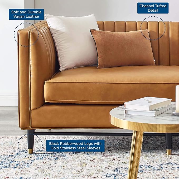 Modway Devote Channel Tufted Vegan Leather Loveseat in Tan