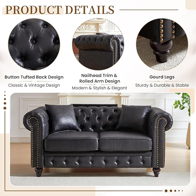 Mid Century Modern Loveseat Sofa 63.5W High-tech Fabric Button Tufted Small Couch with Nailhead Trim &amp Roll Armrest Upholstered Comfy Chesterfield Sofa for Living Room Office(2 Seater Black)