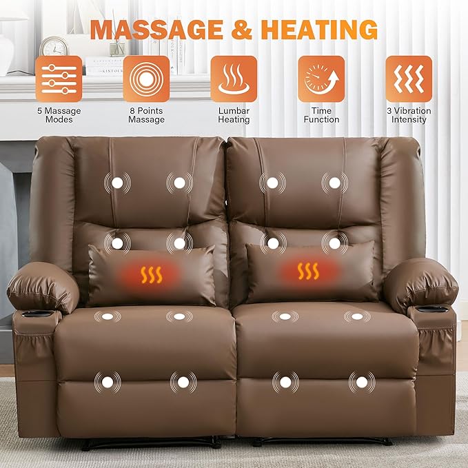 Brown Leather Reclining Loveseat with Massage/Heat/Pillow/USB/Cup Holders Oversized Loveseat Recliner for Living Room Manual Reclining Sofa for Adults 700 Lbs Capacity (Brown)