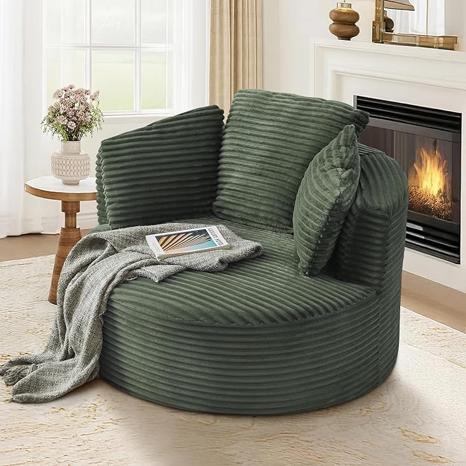 48W Oversized Round Chaise Longue Chair IndoorCorduroy Fluffy Comfy Cloud ChairCircle Bean Bag Sofa with Foam Filling &amp PillowsBoneless Reading Cozy Sofa Chairs for Living RoomBedroomGreen