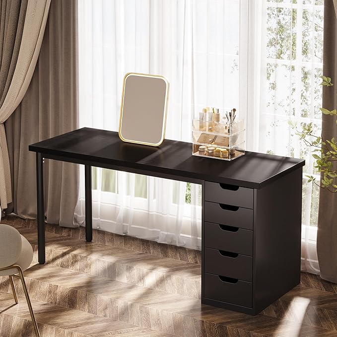 Tribesigns Modern Simple Computer Desk 47 Inches PC Desk with 5 Reversible Drawers Rustic Brown Study Writing Table Workstation for Home Office Small Spaces (Black)