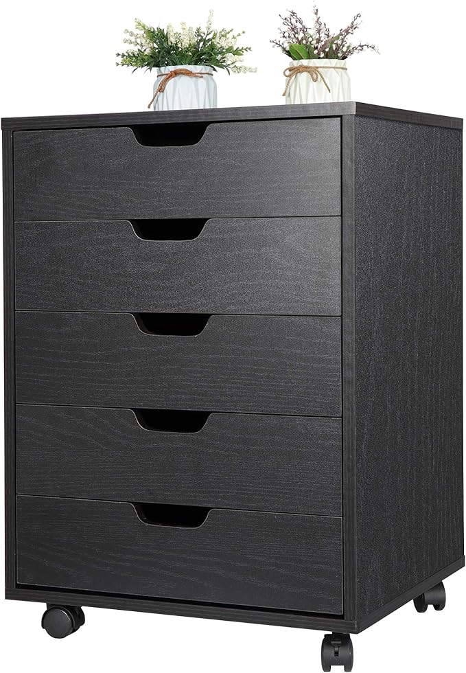 Nouva 5-Drawer File Cabinet - Vertical Mobile Filing Cabinet w/WheelsUnder Beside Desk Chest Storage Printer Stand for Home OfficeBlack