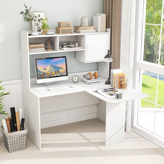 Giantex L Shaped Desk with Hutch White Corner Desk with Storage Shelf &amp Cabinet Laptop PC Table Gaming Computer Table Workstation Modern Executive Study Writing Desk for Home Office Bedroom