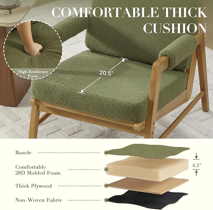 HEAH-YO Modern Accent Chair Set of 2 Upholstered Boucle Fabric Living Room Chair with Wooden Frame Comfy Armchair with Thick Cushion for Bedroom Balcony Green