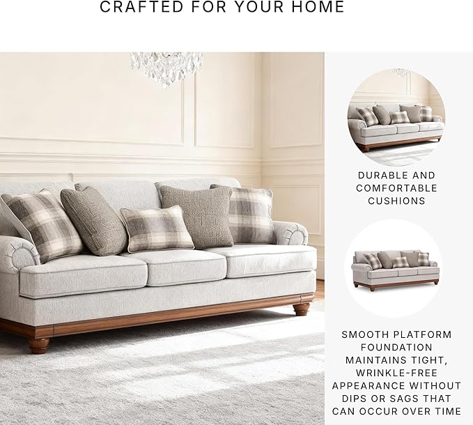 Signature Design by Ashley Meadowview Classic Upholstered Sofa with Reversible Seat Cushions 5 Accent Pillows and Rolled Armrest Light Gray