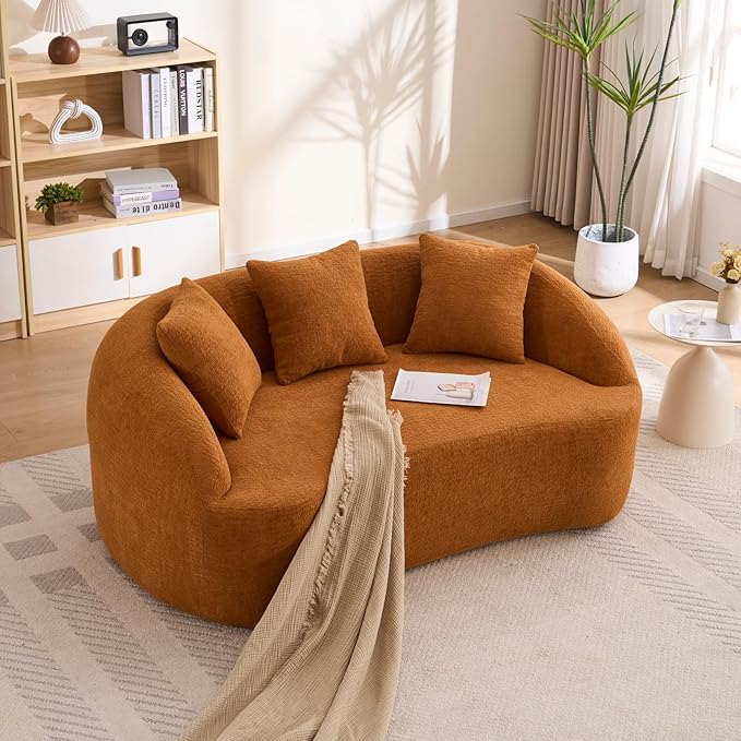 65.75 Curved Loveseat SofaBoneless Loveseat Couch11.02 Raised BackrestDeep SeatWood Grain Chenille Fabric Curved Sofa Couch for Small Spaces (Orange65.75)