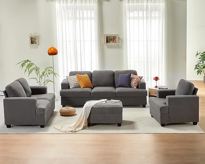 VanAcc Sofa Comfy Sofa with Extra Deep Seats Modern Sofa- Ottoman Couch for Living Room Apartment Lounge Grey Bouclé