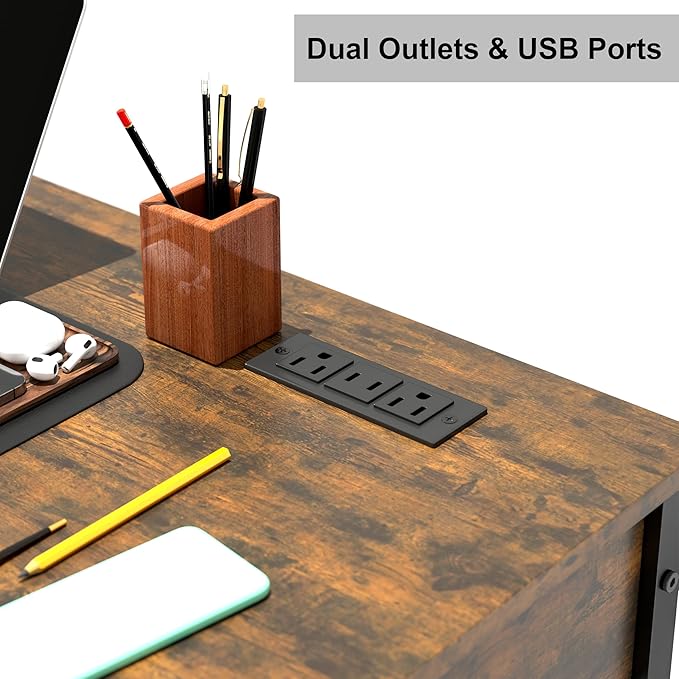 Manora 43 Inch Computer Desk with Drawers and Power Outlet Home Office Computer Tables for Laptop with Open Shelves Small Desk for Small Spaces Rustic Brown