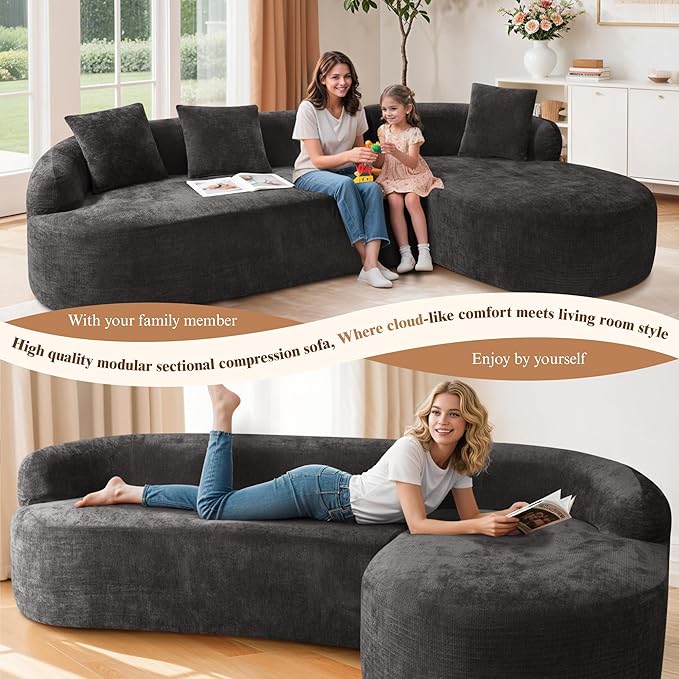 108 Cloud Modular Sectional Couch Modern Boneless Couches with Deep Seat U Shaped Sofa for Living Room No Assembly Required Corduroy (Black Right Chaise+Left Sofa)