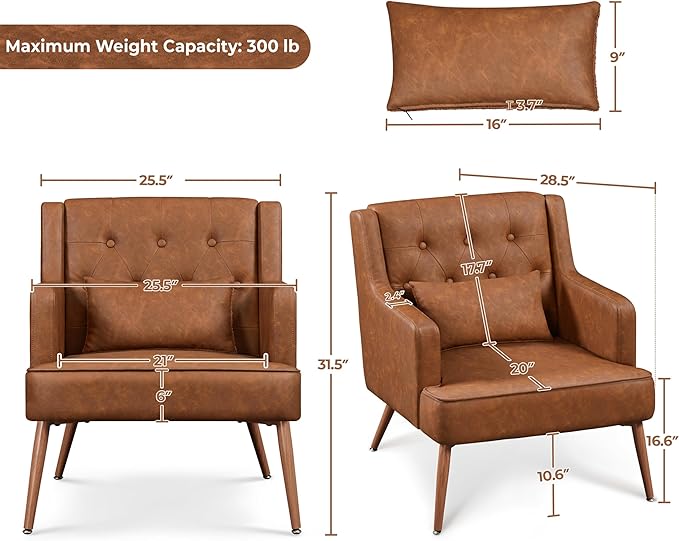 Yaheetech Accent Chair Living Room Chair Mid Century PU Leather Armchair Lumbar Pillow Comfy Upholstered Reading Chair Wood Leg Bedroom Lounge Brown