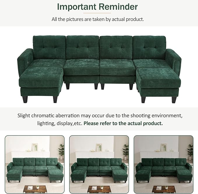 P PURLOVE Modern Sectional Sofa Couch Pull-Out Sofa Bed Versatile Sleeper with Two Movable Ottomans USB Ports and Side Tables for Living Room Apartment (Green)