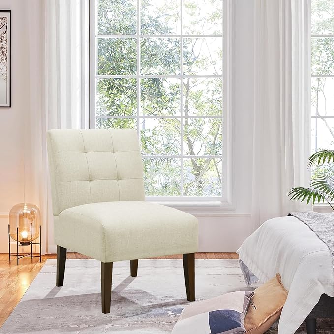 Slipper Accent Chair Modern Armless Lounge Chair with Wood Legs Upholstered Makeup Vanity Tufted Side Chair Fabric Comfy with Decor Back for Living Room Bedroom Patio (Pin Back Beige)