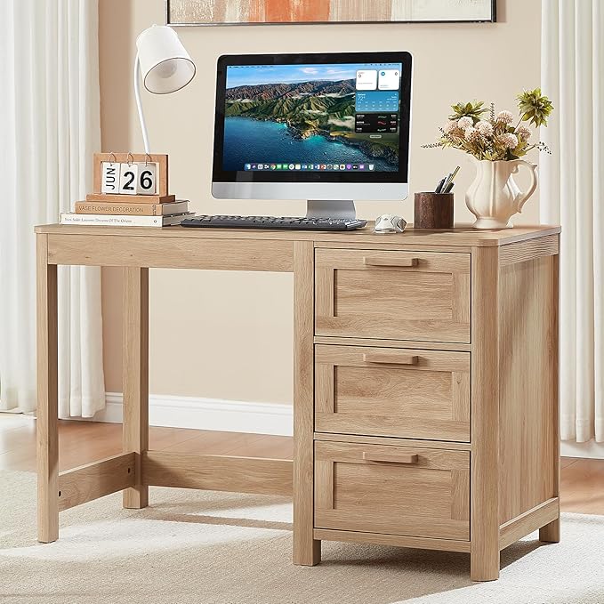 Office Desk 48 with 3 Drawers Storage File Cabinet Wood Farmhouse Desk for Computer Office Bedroom Home Furniture Natural