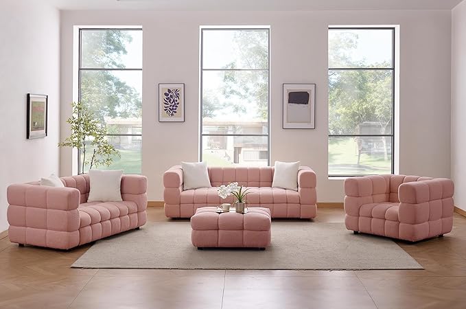 Modern Boucle Loveseat Couch for Living Room 61'' Sherpa Upholstered Sofa Couch Comfy Cloud Deep Seat Sofa Luxury Minimalist Plush Fluffy Couch for Small Apartment Office 2 Pillows Pink