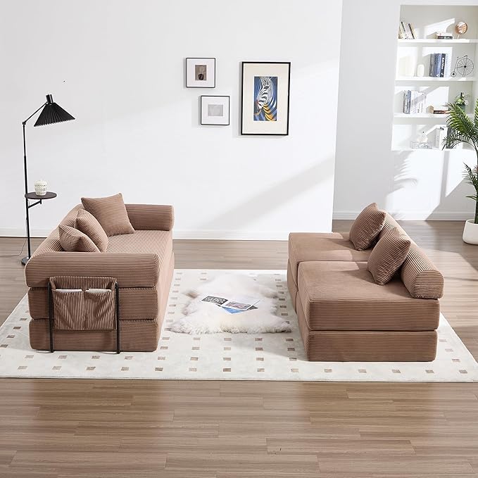 10-in-1 Folding Convertible Sofa Bed 141 Inch Boneless Couch with Fixed-Shape Frame Corduroy Modular Sectional Sofa Mattress Sleeper Sofa Floor Sofa Futon Couch for Living Room (Brown)