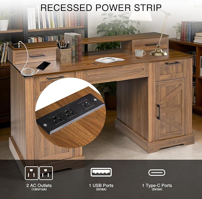 59.5 Farmhouse Executive Desk with Hutch Computer Desk with 6 Drawers File Drawer Cabinet Storage and Charging Station Home Office Writing Desk for Study BedroomBrown