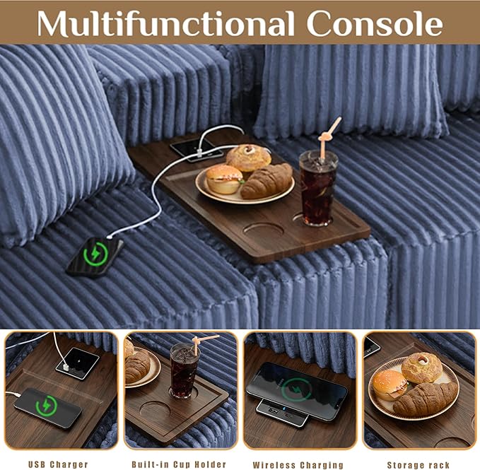KEIKI 137.5 Modular U-Shape Sectional Sofa Extra-Large Corduroy Couch with Movable Footstool Cup Holders &amp Wireless Charging Board No-Assembly Flexible Seating for Apartments &amp Entertainin