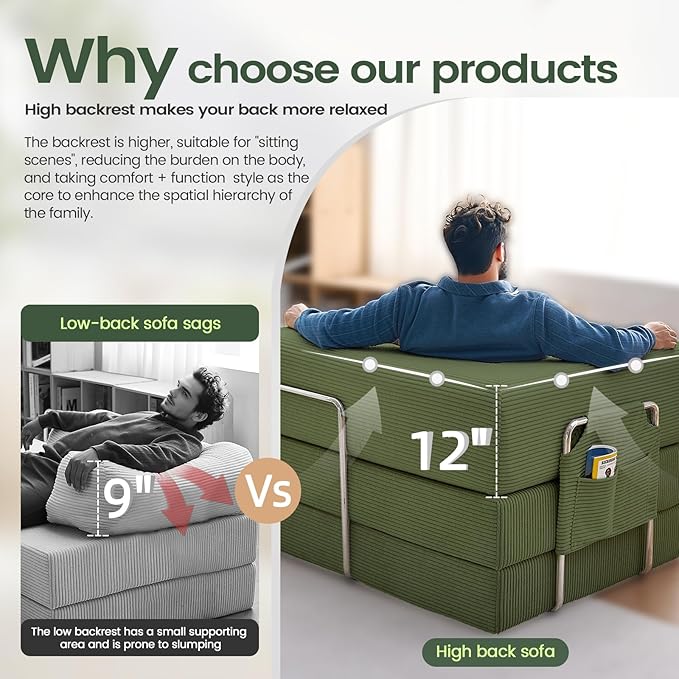multi-functionalcorduroy sofa bed crafted from corduroy fabric is ideal for apartments and living rooms. sleeper sofa couch folding futon or foldable floor convertible floor studio (green 80.15) |