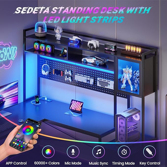 SEDETA L Shaped Gaming Desk with Drawers Reversible Computer Corner Desk with File Drawer Hutch Storage Shelves for Home Office Gaming Two Person Desk with Led Lights Power Outlet Black
