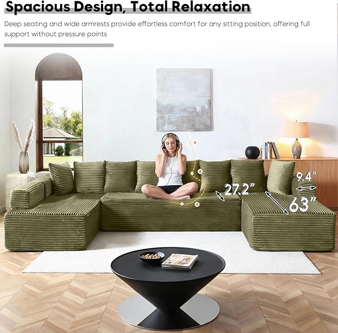 Oversized Cloud Boneless Couch with Chaise 145 Modern U Shape Modular Deep Seat Sectional Sofa Comfy Corduroy Upholstered Couches for Living Room No Assembly Required Green