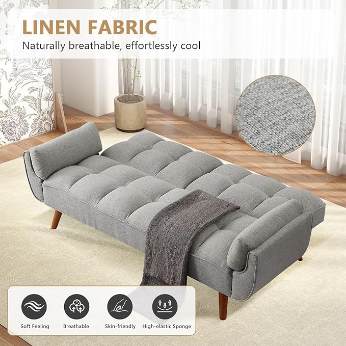 75 Convertible Futon Sofa Bed Sleeper Couch Bed with Adjustable Backrest Small Couches for Small Spaces Living Room Bedroom and Office (Gray)