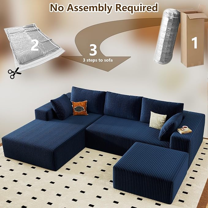 96 U-Shape Cloud Couch Modern Modular Sectional L-Shape Sofa with Ottoman Corduroy Upholstered Couches Deep Seat Sleeper Chaise Longue for Living Room No Assembly Required(Blue Left Facing)