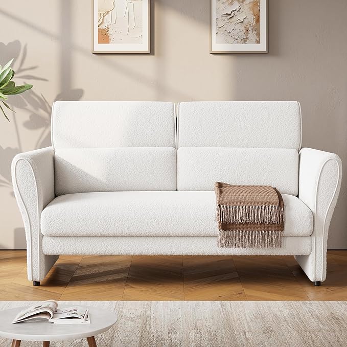 57inch Modern Loveseat Sofa Small Couch with High Backrest and Removable Lumbar Pillows Easy Assembly Upholstered Comfy Sofa for Living Room Bedroom OfficeWhite