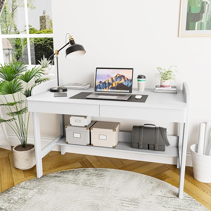 100% Solid Wood Desk with Drawers - 40 Inch Simple Modern Desks Writing Desk with Drawers &amp Shelf Work Study Table Adjustable Height Home Office Computer Desks - White