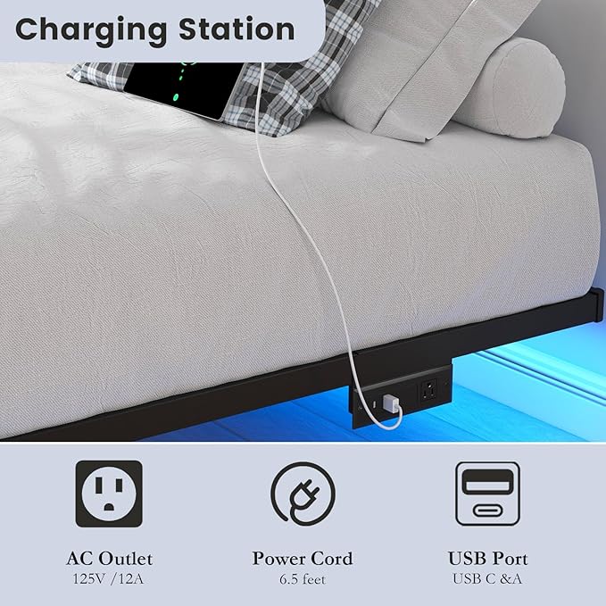 King Size Floating Bed Frame with LED Lights and Charging Station - 10 inch Platform Bed Frame No Box Spring Needed Easy Assembly
