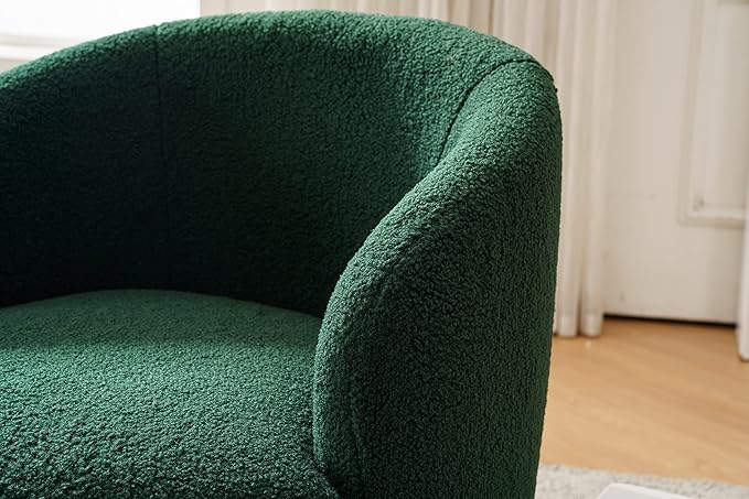 Swivel Accent Armchair Dark Green Teddy Upholstered Barrel Chair with Metal Ring Cozy Reading Chair for Living Room Bedroom Dorm