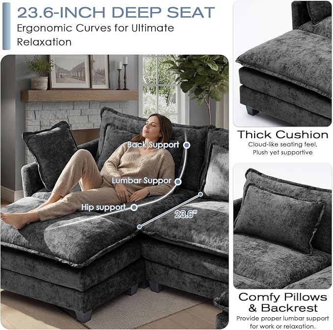 113.4 L-Shaped Modular Sectional Sofa with Ottoman Comfy Cloud Couch with Deep Seat (23.6 D) Solid Wood FrameBeige/Gray/Blue/Black for Living Room Small Apartment (Black 3 Seat)