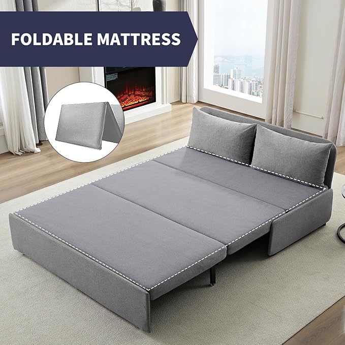 2 in 1 Pull Out Sofa Bed Queen Size Small Convertible Sleeper Sofa Couch Linen Folding Guest Bed with Wheels and Cushions Pillow Futon Sofas Couch Beds for Bedroom Office Lounge - Light Grey