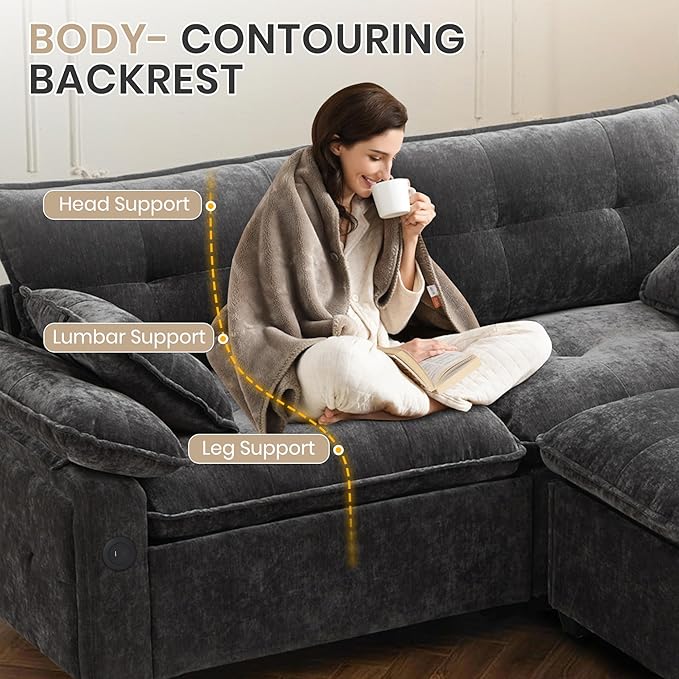 89 Modular Sectional Sofa Comfy Cloud Couch with Movable Ottoman 3-Seat Chenille Deep Seat Sofa with Throw Pillows/USB Ports for Living Room Office and Apartment (Dark Grey)