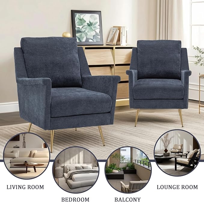 Accent Chair Set of 2 Mid Century Modern Living Room Chairs with Gold Metal Legs Navy Wingback Arm Chairs for Bedroom Performance Fabric