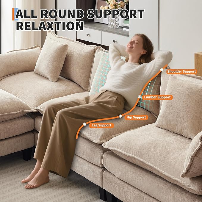 112 Modular Sectional Sofa L-Shape Cloud Couch/Deep Seat/Armrest/Plush Corduroy Fabric No Assembly Required Space-Saving 170 Pounds Chenille Combo Set with 1 Footstool for Living Room