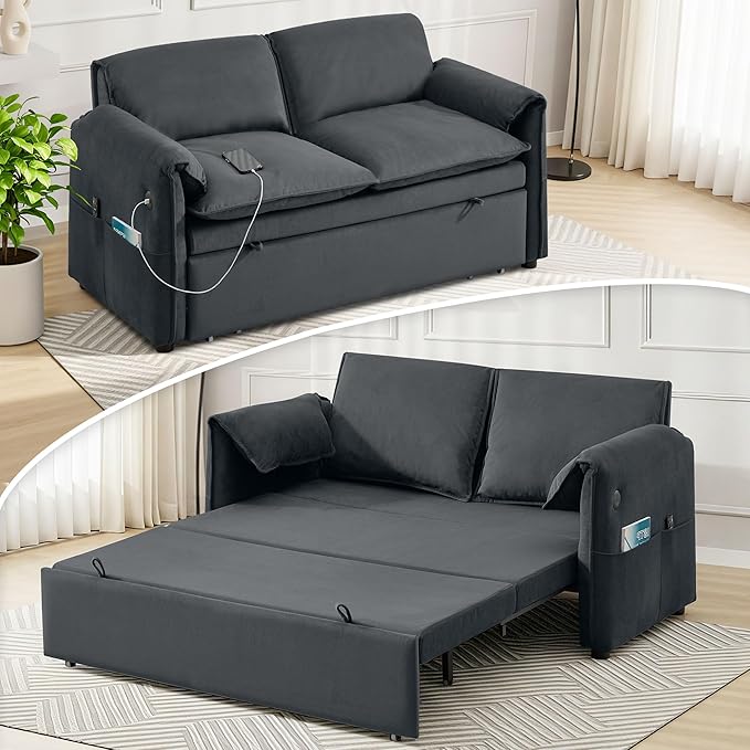 63 Velvet 3 in 1 Convertible Sleeper Sofa Bed Pull Out Couch Bed Loveseat with Adjustable Backrest Chaise Lounge USB Port &amp Side Pocket Modern Sofa for Living Room Small Spaces Dark Gray