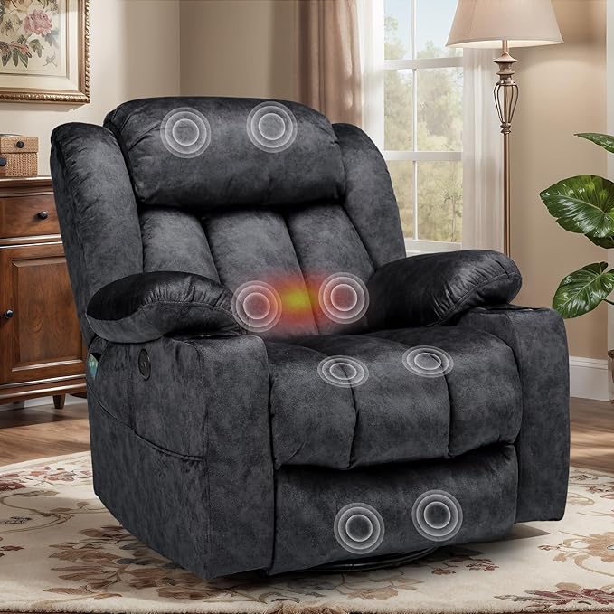 VIVIJASON 360° Swivel Rocker Recliner Chair for Adults Overstuffed Manual Glider Rocker Recliner with Heat &amp Vibration 2 Cup Holders Side Pockets &amp USB Ports for Living Room Plush Gray