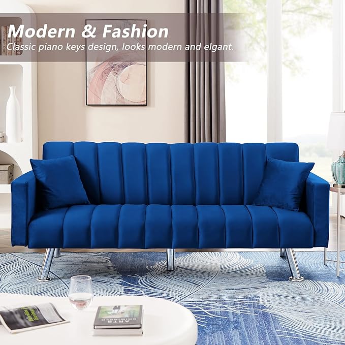 AWQM Sofa Bed Upholstered Convertible Folding Sofa Bed with 2 Pillows Sturdy Sleeper Couch with Wooden Frame and Metal Legs Comfortable Velvet Sofa Suitable for Living Room Bedroom Office (Blue)