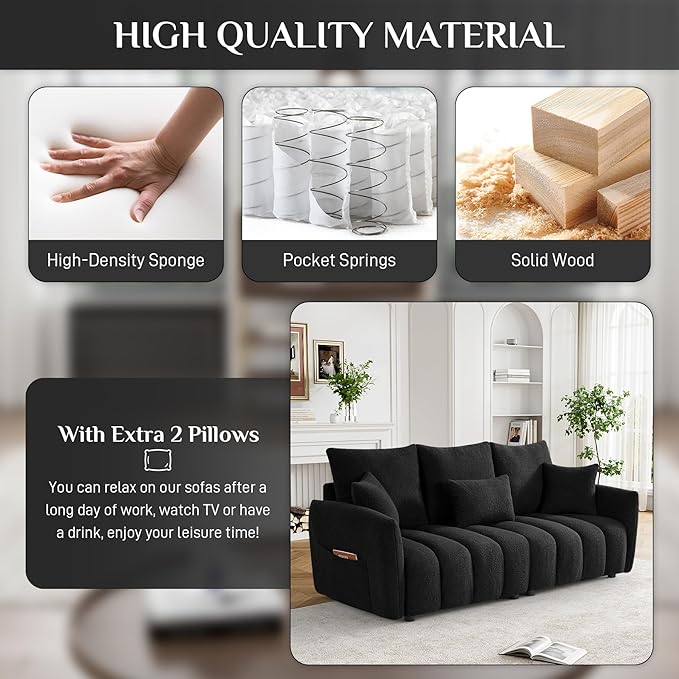 OUYESSIR Boucle Sofa Cloud Couch 80.2 Modern Comfy Teddy Sofa Deep Seat Futon Couch with Pillows Soft Upholstered 3 Seater Sofa Oversized Loveseat Sofas for Living Room Apartment Black